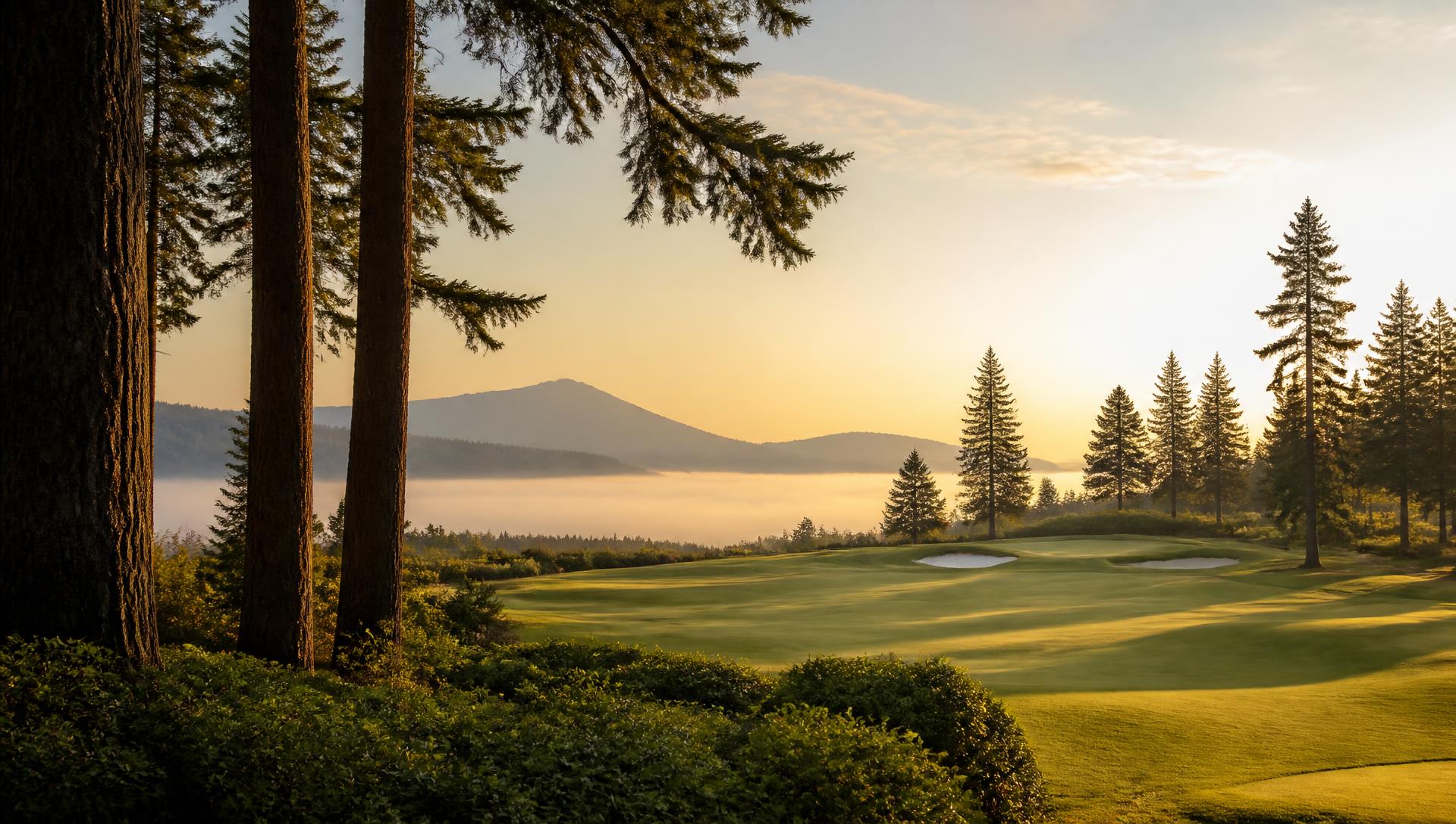 Fairway at Longview Country Club at golden hour, framed by Douglas fir